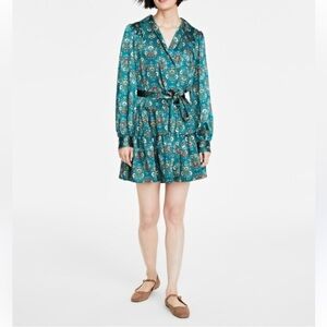 On 34th Green Floral Satin Collard Long Sleeve Wrap Dress